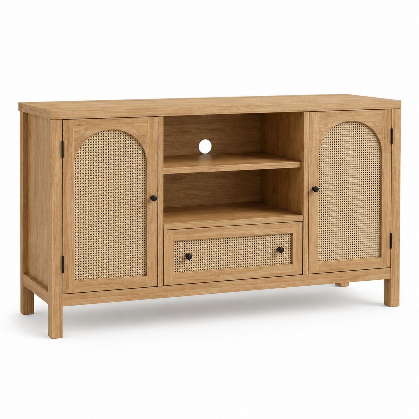 Wood Veneer Sideboard with Rattan Doors and Drawer, Natural Finish, 150cm