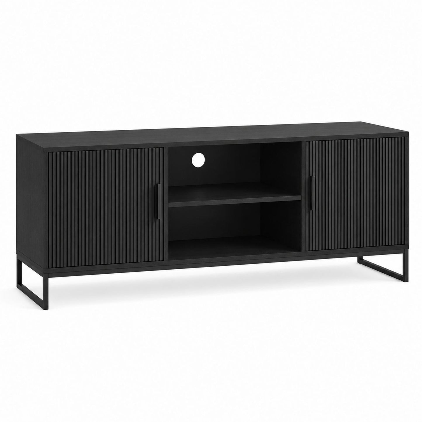 Black Wood TV Stand with Grooved Doors and Metal Legs 60x18x24 inch