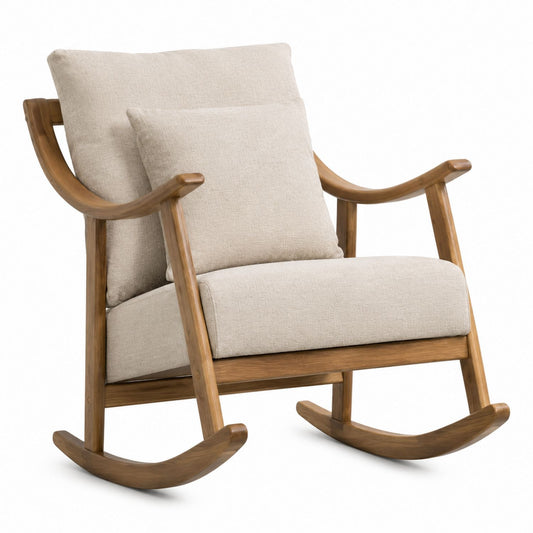 Wooden Rocking Chair with Beige Polyester Fabric Cushions
