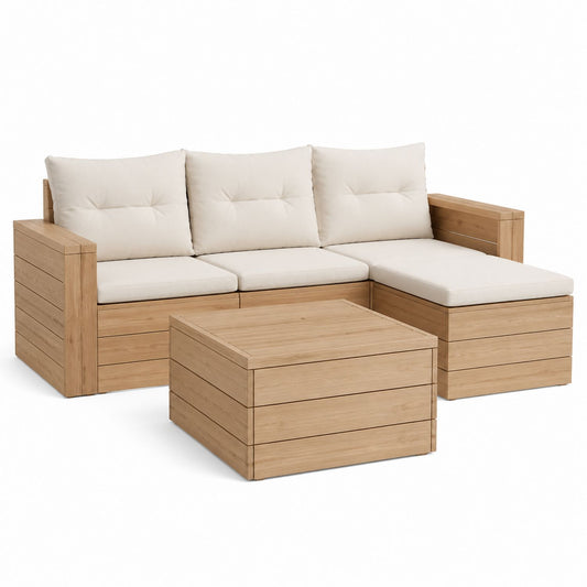 Outdoor Sectional Sofa Set Acacia Wood Fabric Cushions L-Shaped
